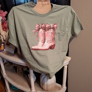 Gildan Sage Green Tee with Pink Boot Design
